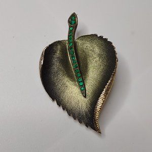 Green And Gold Tone Metal Leaf Brooch
